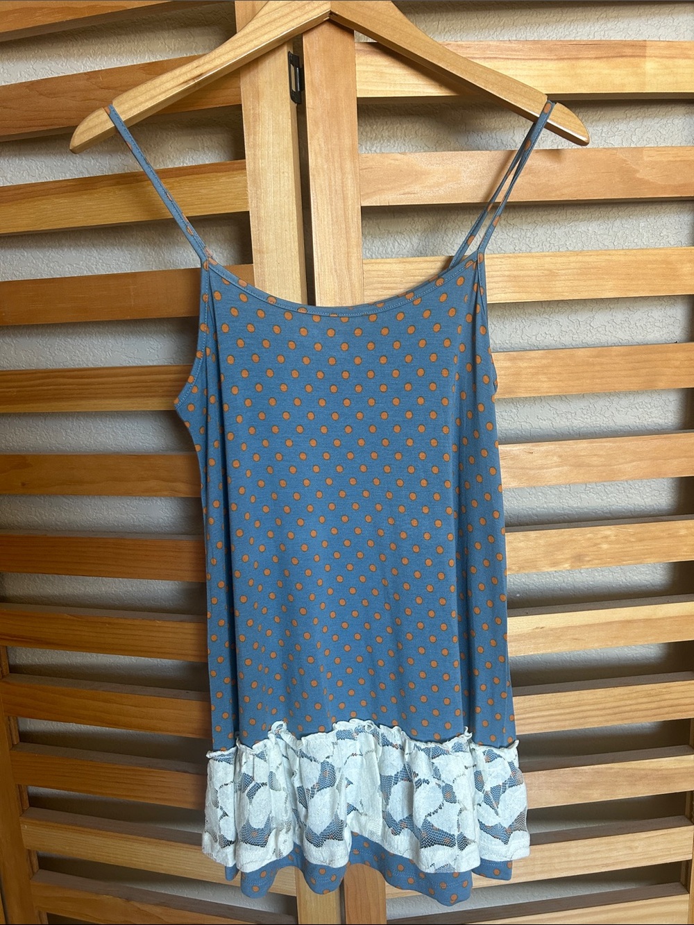 Matilda Jane Blue Tank with Orange Polka Dots and Cream Lace Hem